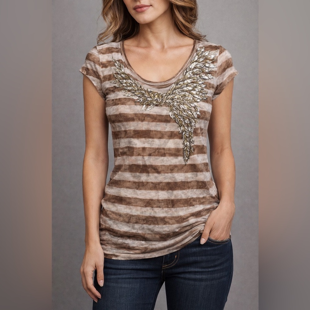 Miss Me Angel Wing Sequin Tee Brown Striped Western Boho Top Small